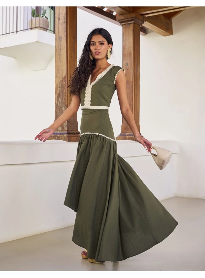 Jupe midi asymétrique en lin avec ruban beige