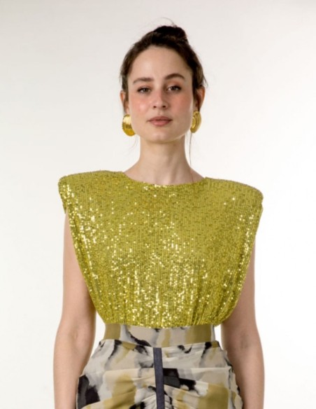 Olive green sequinned party top with shoulder pads