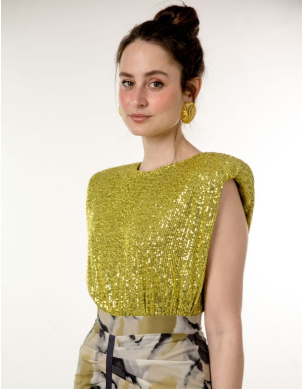 Top de fête à paillettes vert olive avec épaulettes