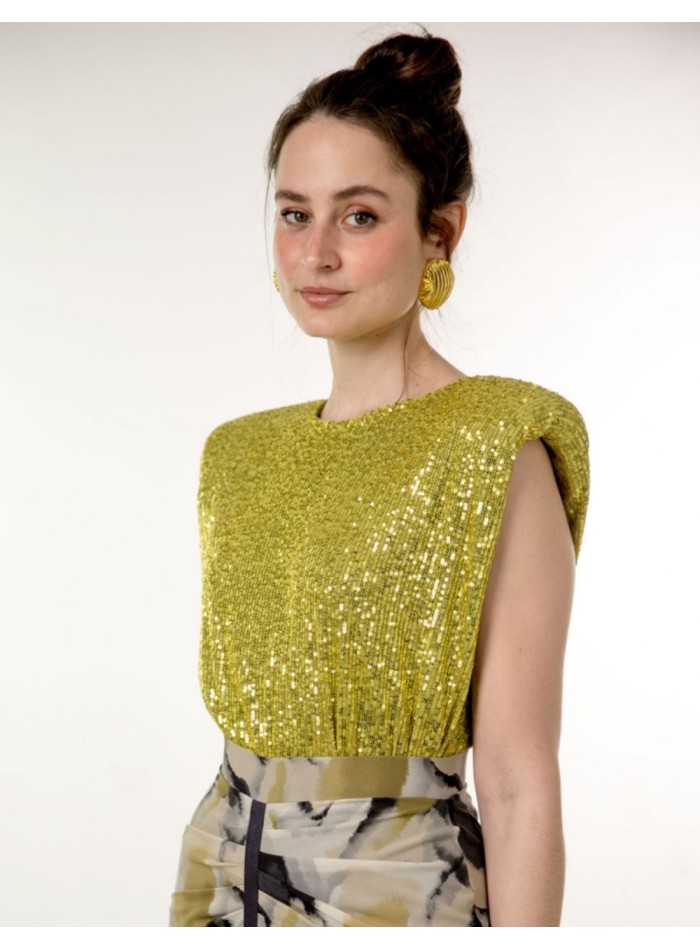 Olive green sequinned party top with shoulder pads