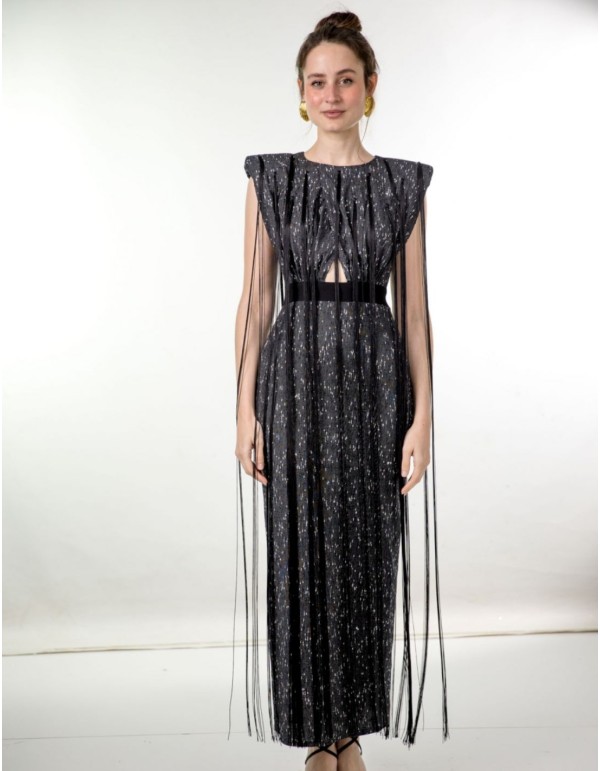 Black midi party dress with shoulder pads and bangs