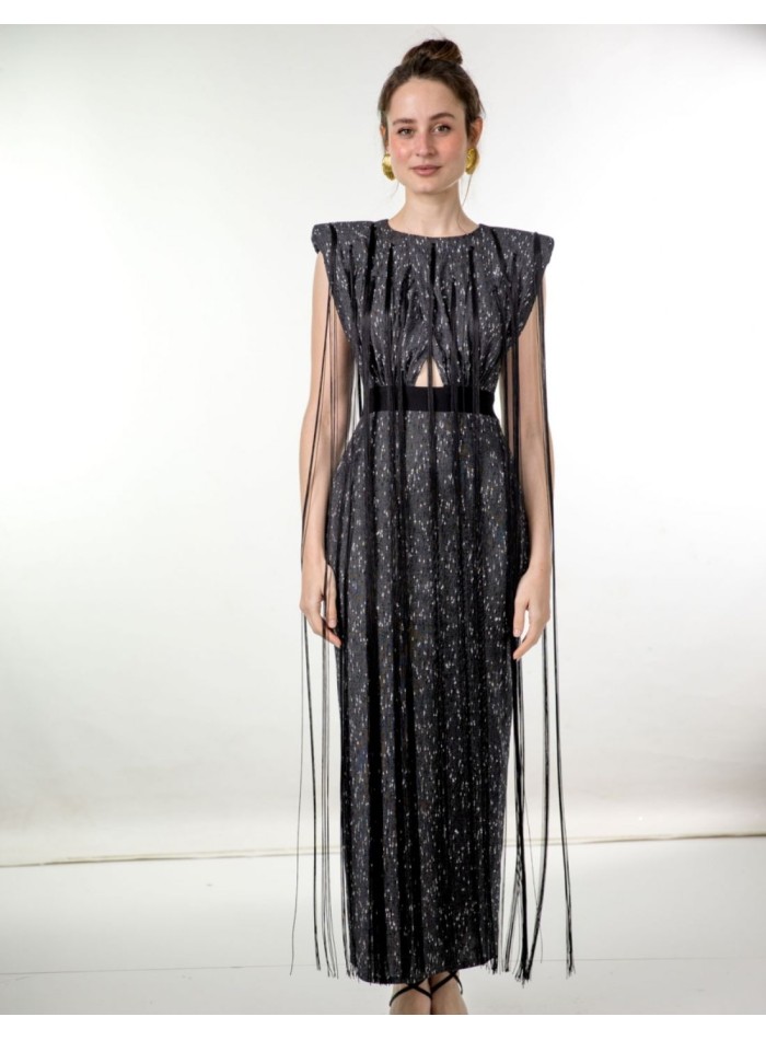 Black midi party dress with shoulder pads and bangs