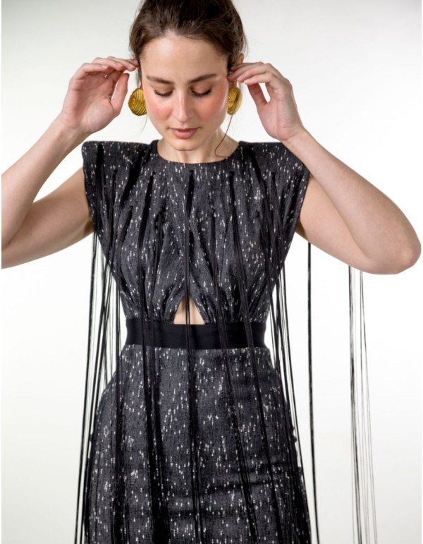 Black midi party dress with shoulder pads and bangs 2