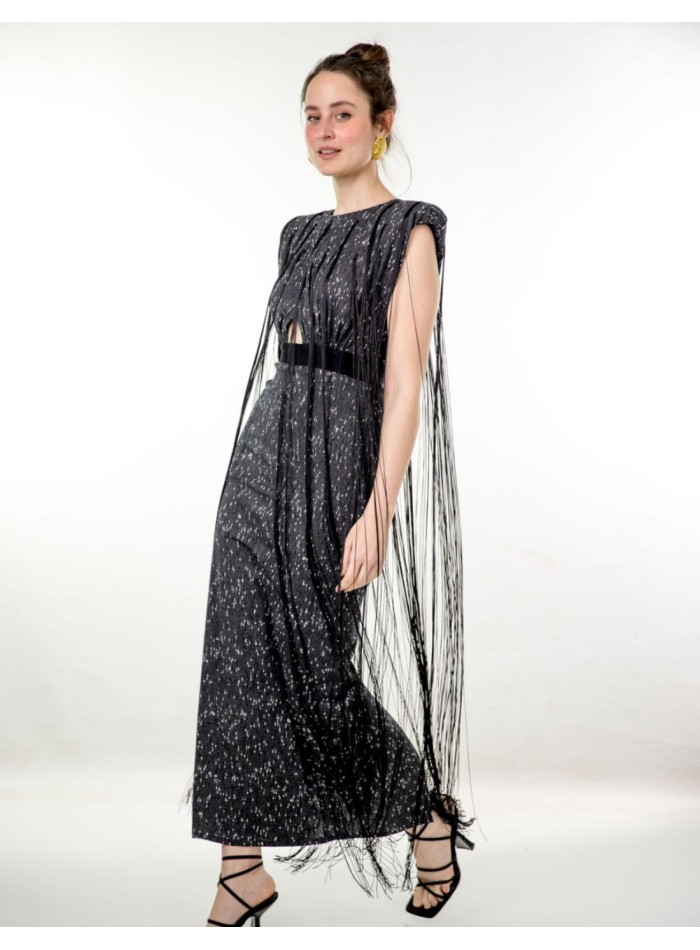 Robe de soirée midi noire avec épaules et franges