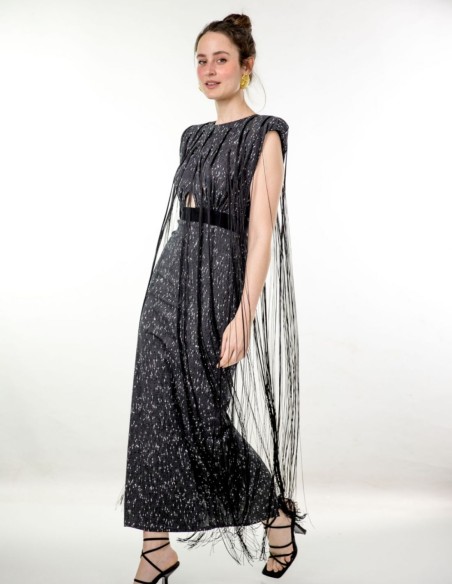 Robe de soirée midi noire avec épaules et franges