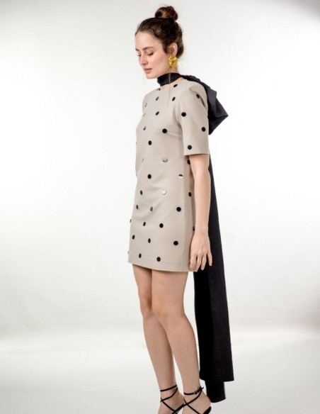 Grey mini dress with studs and maxi shoulder pads