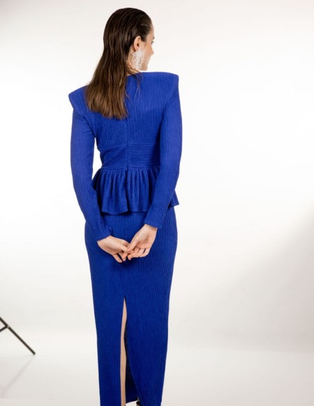 Klein blue midi dress with peplum neckline and frill