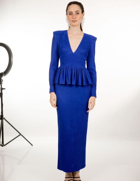 Klein blue midi dress with peplum neckline and frill