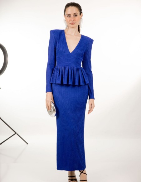 Klein blue midi dress with peplum neckline and frill