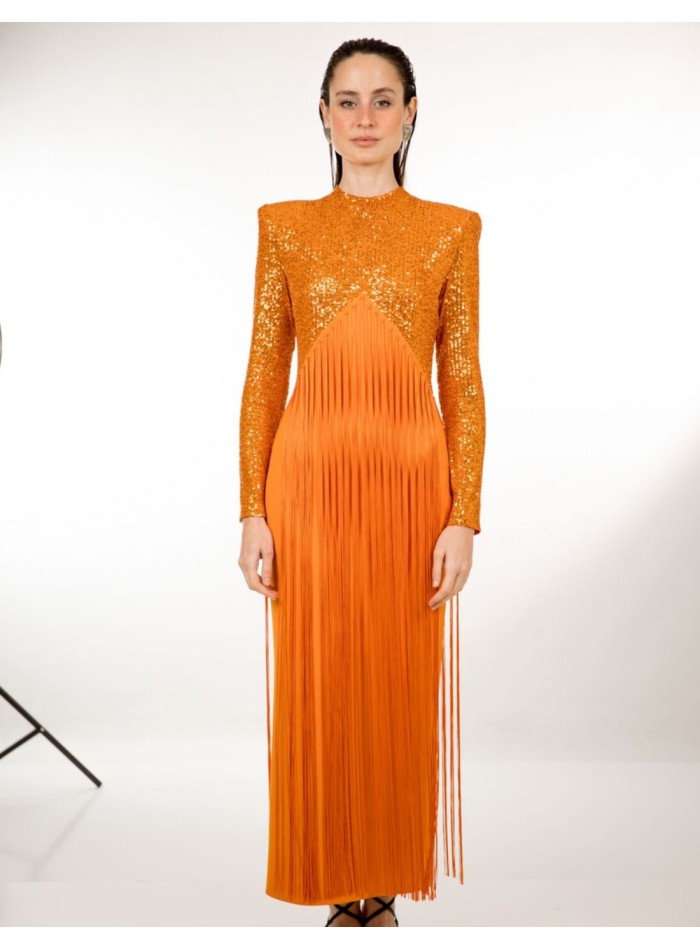 Robe de soirée midi orange avec paillettes et...