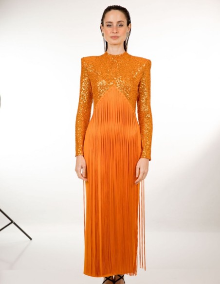 Robe de soirée midi orange avec paillettes et franges