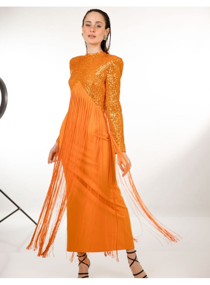Orange midi party dress with sequins and bangs