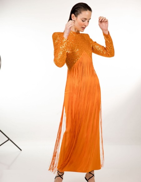 Robe de soirée midi orange avec paillettes et franges