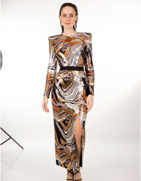 Robe de soirée midi à paillettes cuivrées multicolores