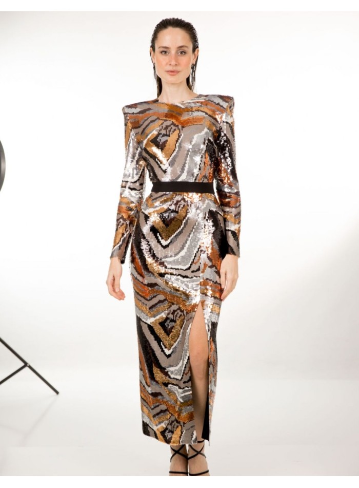 Robe de soirée midi à paillettes cuivrées multicolores