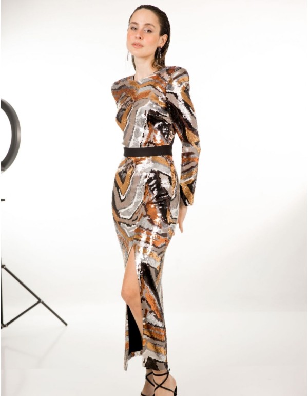 Robe de soirée midi à paillettes cuivrées multicolores 2