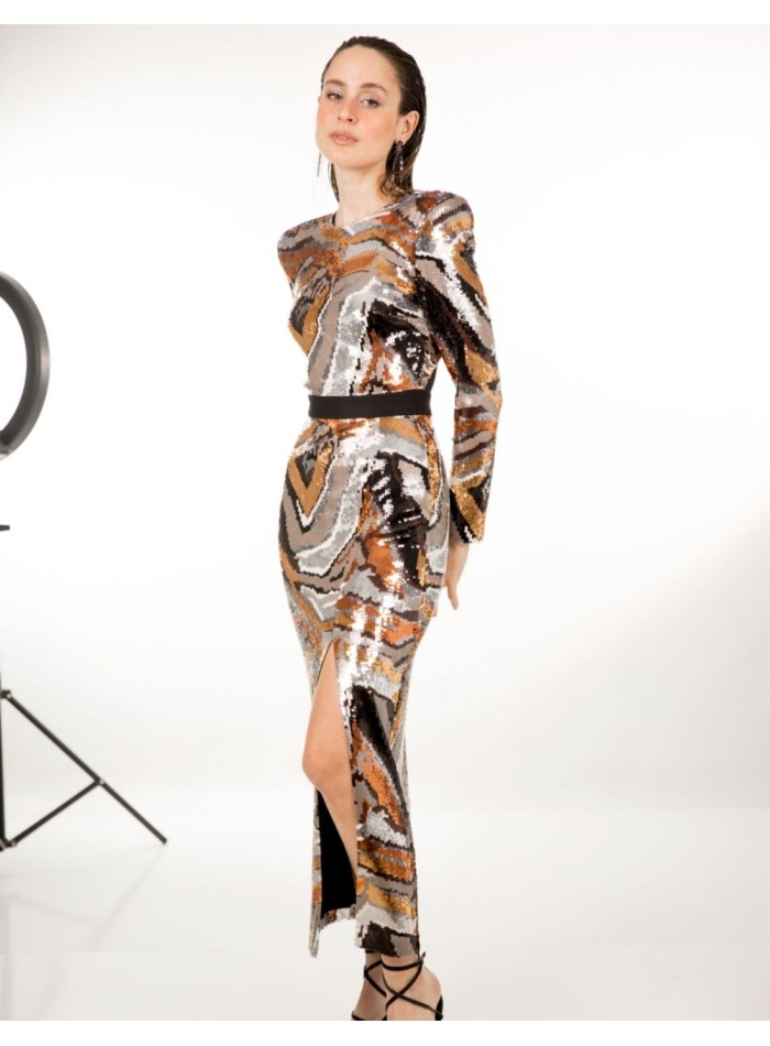 Vestido midi de fiesta cobre con lentejuelas para eventos