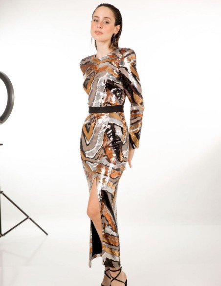 Vestido midi de fiesta cobre con lentejuelas para eventos Vestido midi de fiesta cobre con lentejuelas para eventos