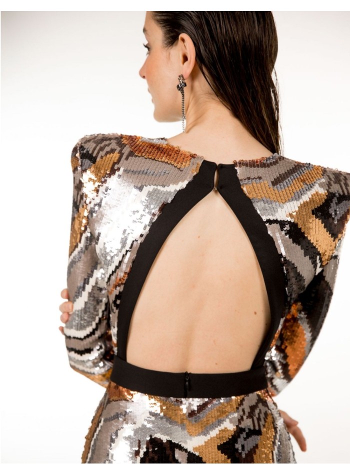 Vestido midi de fiesta cobre con lentejuelas con espalda abierta