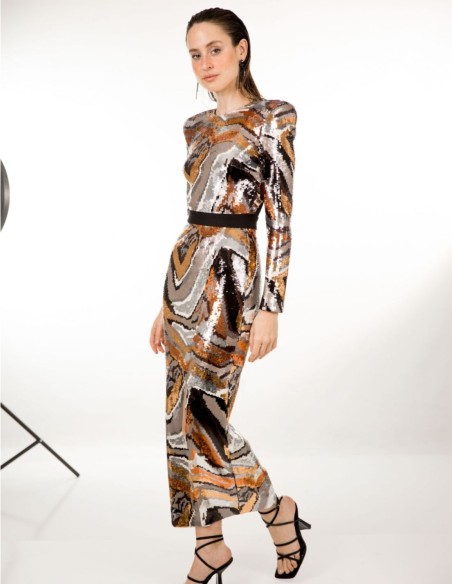 Vestido midi de fiesta cobre con lentejuelas con manga larga Vestido midi de fiesta cobre con lentejuelas con manga larga