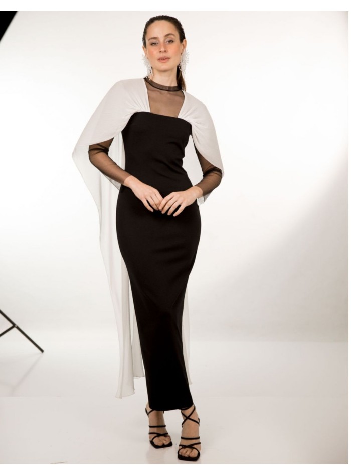 Robe midi noire et blanche avec bretelles spaghetti en mousseline de soie