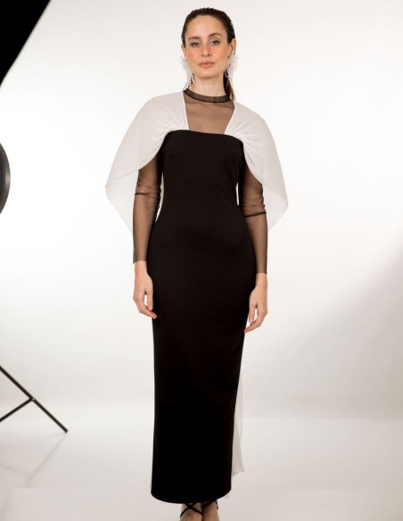 Black and white midi dress with chiffon spaghetti straps