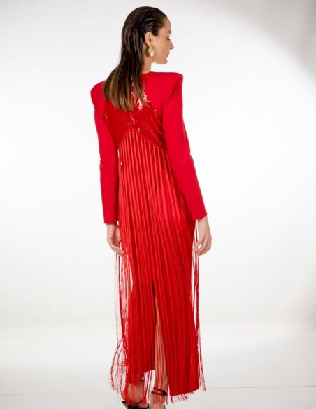 Robe de soirée midi rouge avec paillettes et franges