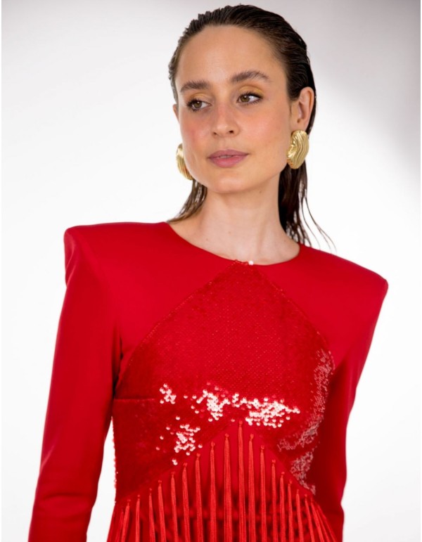 Red midi party dress with sequins and bangs 2