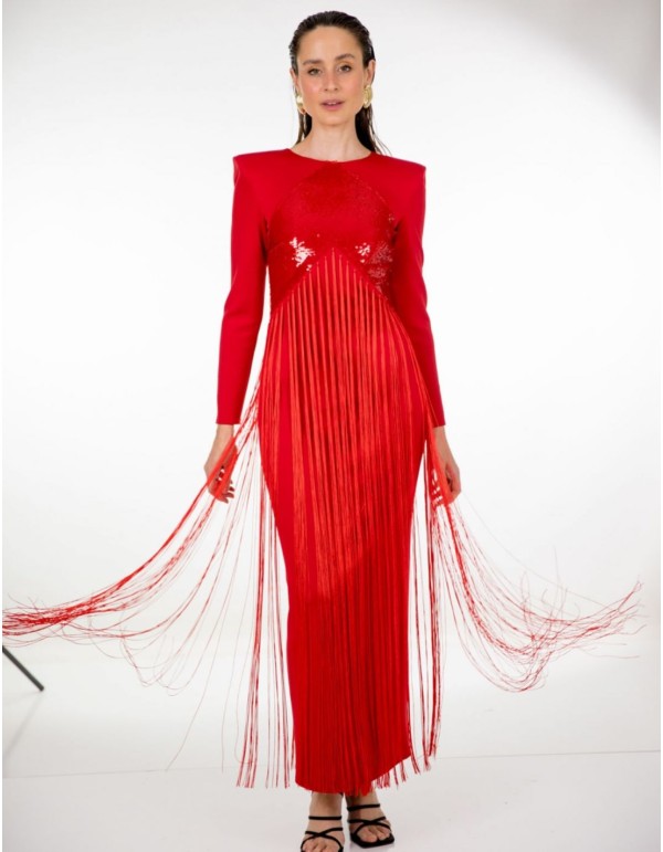 Red midi party dress with sequins and bangs