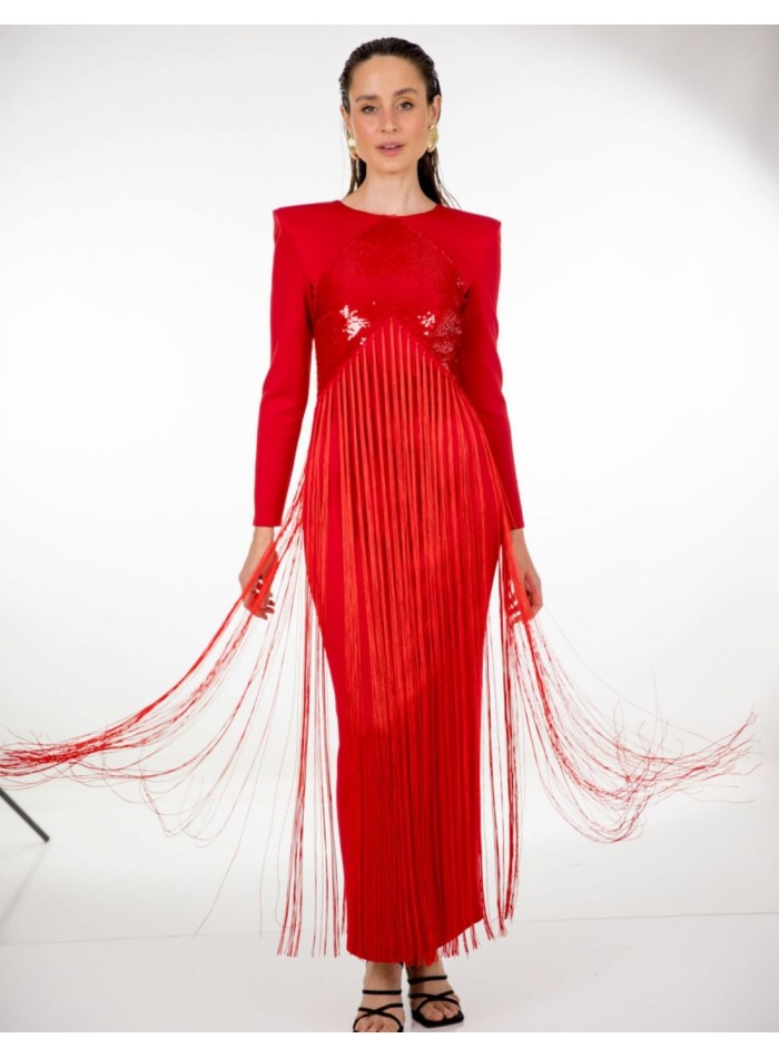 Robe de soirée midi rouge avec paillettes et franges