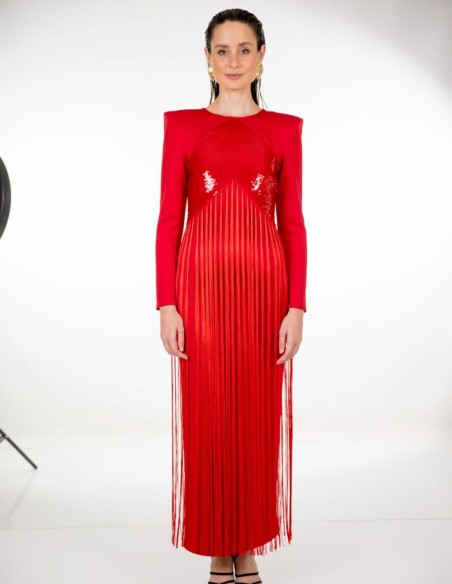 Vestido midi rojo con lentejuelas y flecos para ocasiones especiales Vestido midi rojo con lentejuelas y flecos para ocasiones especiales