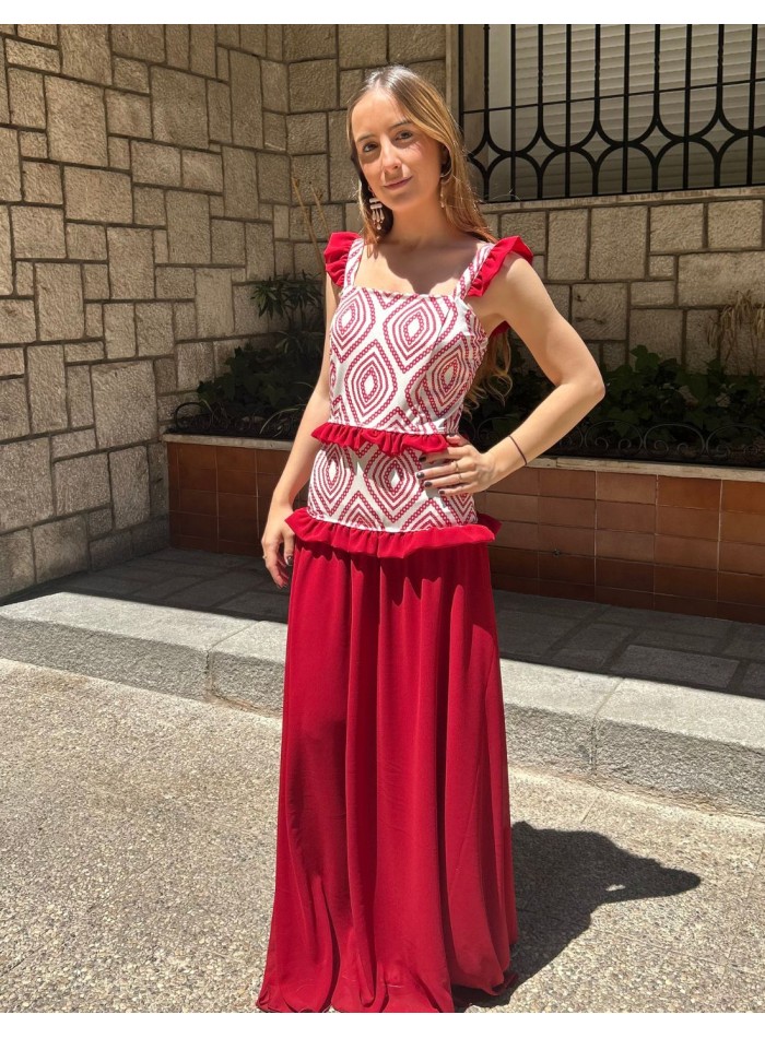 Vestido largo estampado con volantes de gasa