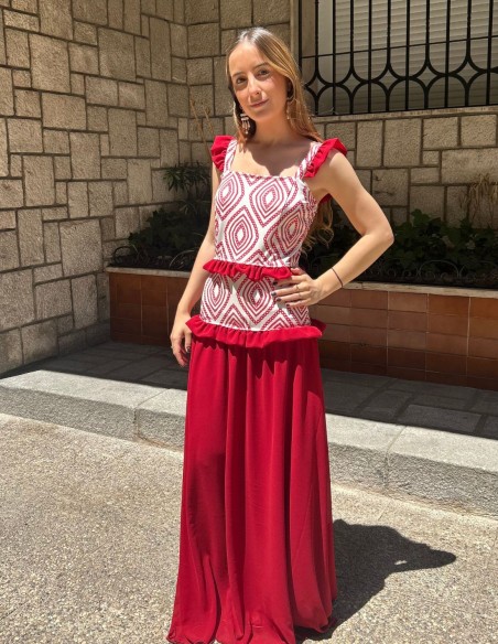 Vestido largo estampado con volantes de gasa