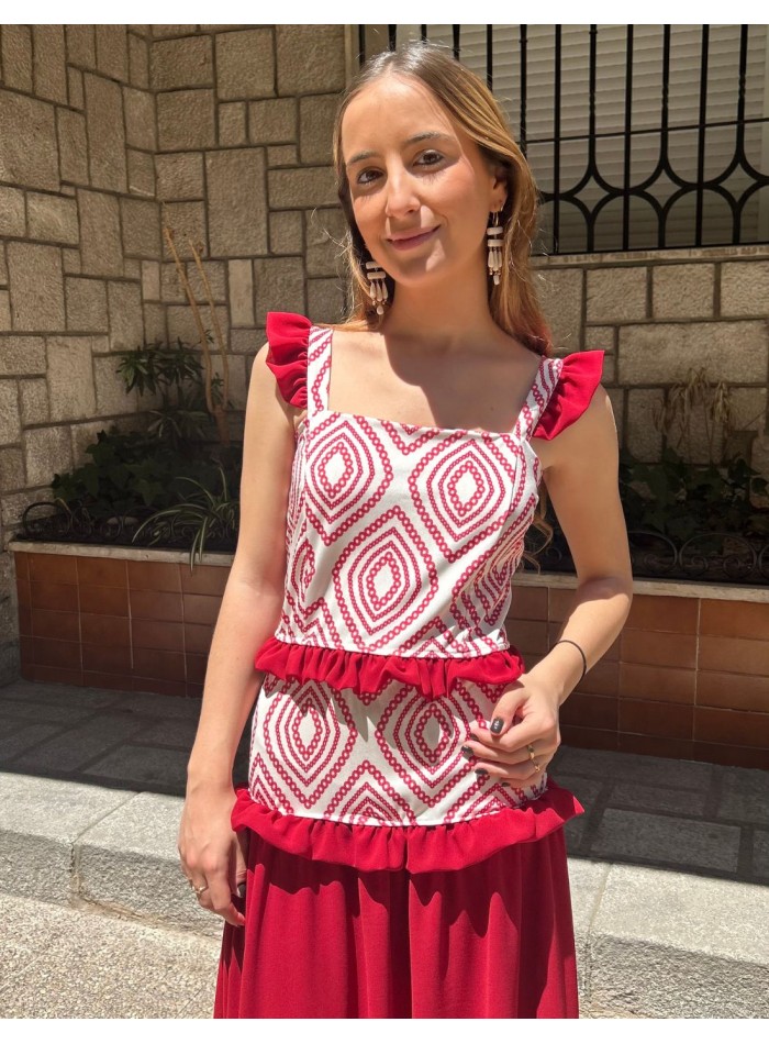 Vestido largo estampado con volantes de gasa