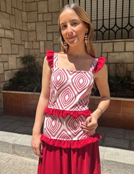 Vestido largo estampado con volantes de gasa