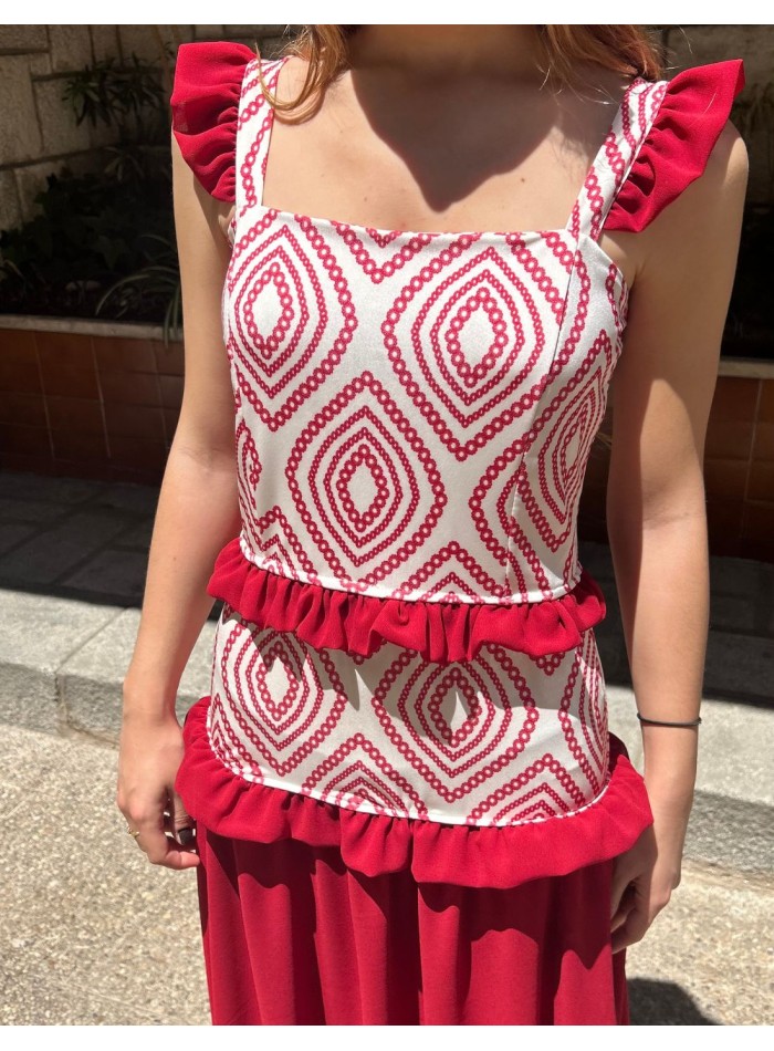 Long printed dress with chiffon flounces