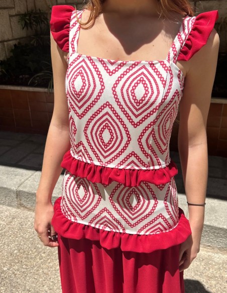 Long printed dress with chiffon flounces