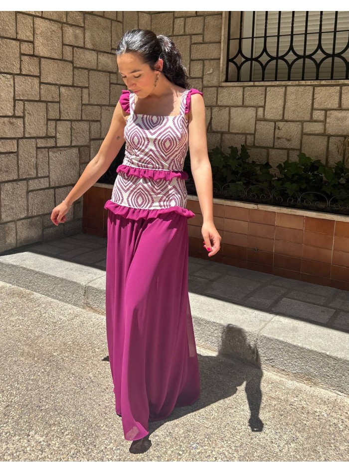 Robe longue imprimée avec volants en mousseline...