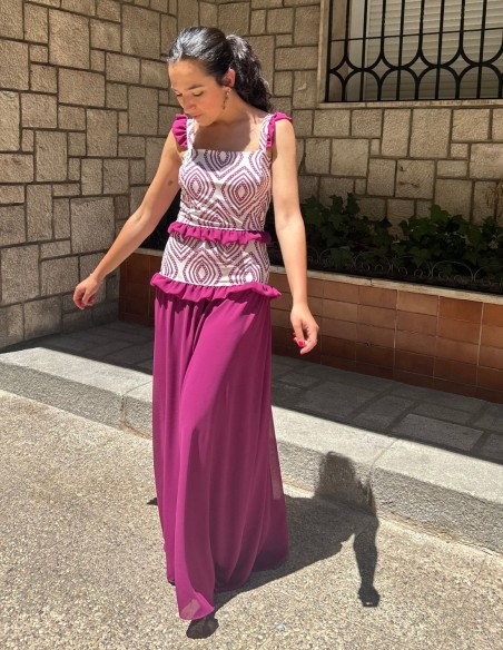 Robe longue imprimée avec volants en mousseline de soie