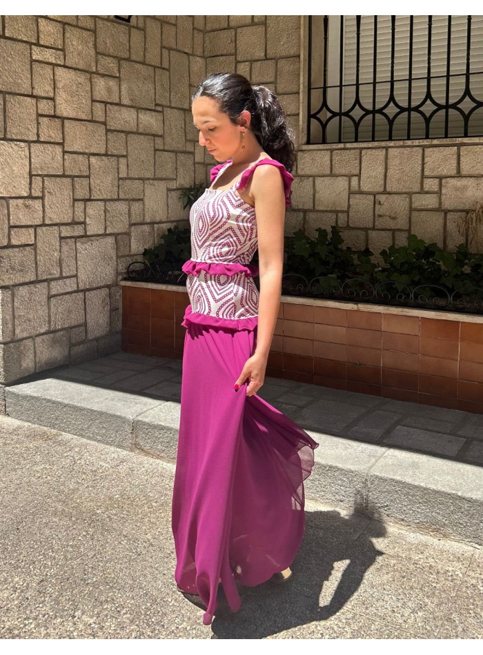 Robe longue imprimée avec volants en mousseline...