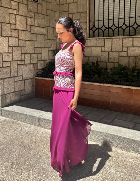 Robe longue imprimée avec volants en mousseline de soie
