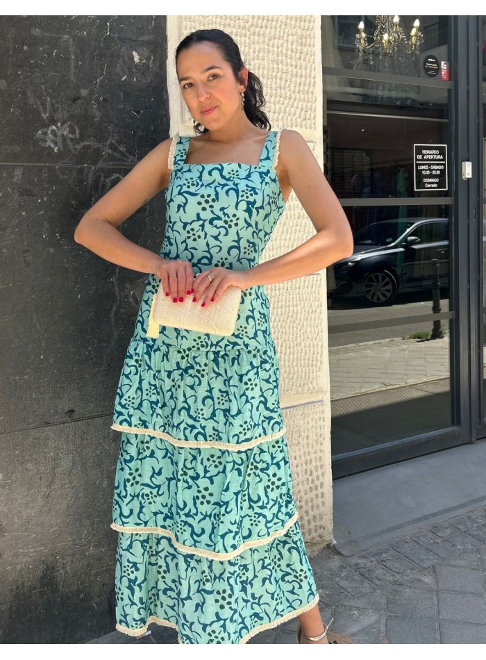Vestido midi estampado con ribete marfil