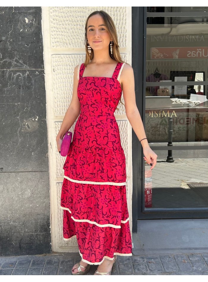 Vestido midi estampado con ribete marfil