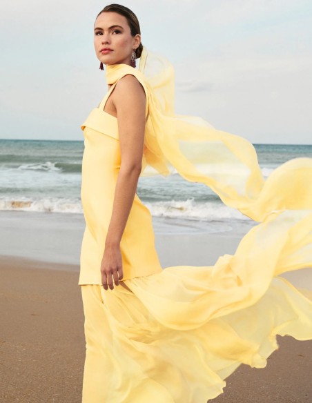 Long yellow crepe dress with asymmetrical skirt