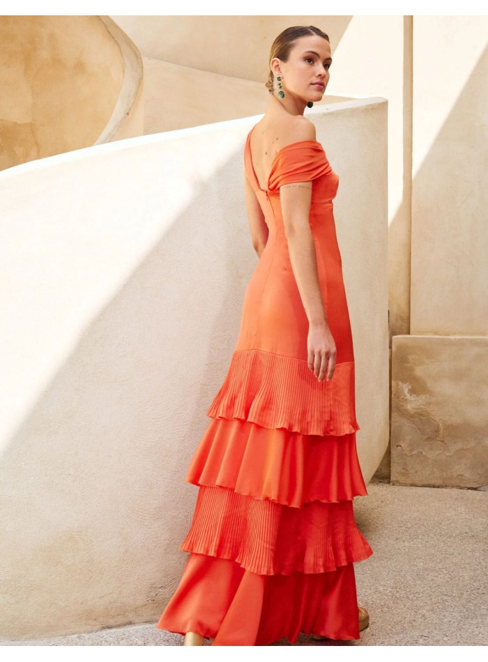 Long dress with drop shoulder and ruffles for...