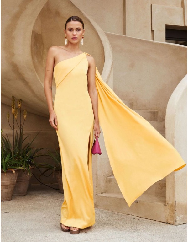 Yellow long dress in crepe satin with open back