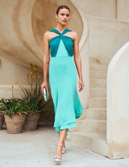 Vestido midi verde agua con escote halter