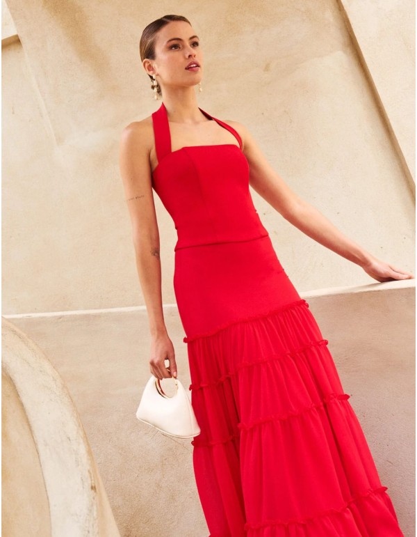Longue jupe en mousseline de soie rouge