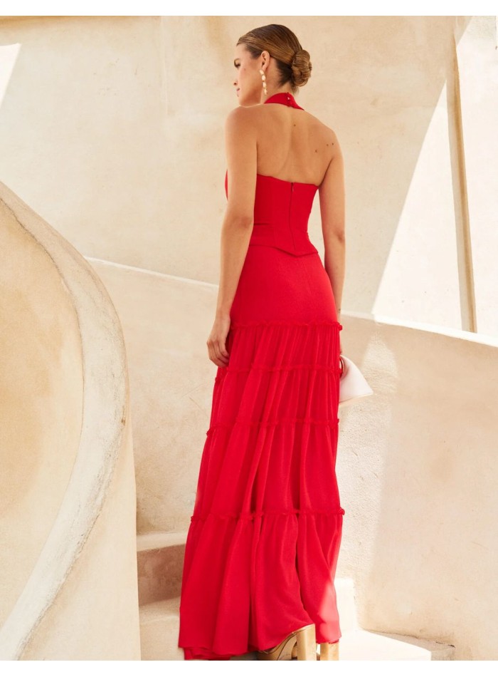 Longue jupe en mousseline de soie rouge