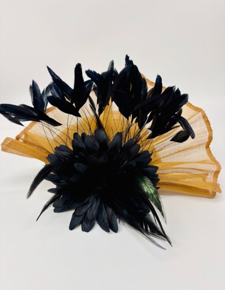 Turban beige et noir avec maxi fleur